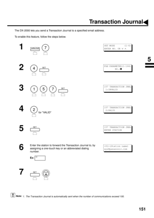 Page 153151
Transaction Journal
The DX-2000 lets you send a Transaction Journal to a specified email address.
To enable this feature, follow the steps below. (see Note 1)
1
  
2
  
3
        
4 for VALID
5
  
6
Enter the station to forward the Transaction Journal to, by
assigning a one-touch key or an abbreviated dialing 
number.
Ex:
7
  
1. The Transaction Journal is automatically sent when the number of communications exceed 100.
FUNCTION7
S E T  M O D E         ( 1 - 6 )
ENTER NO. OR 
Ú Ù 
4SETFAX...