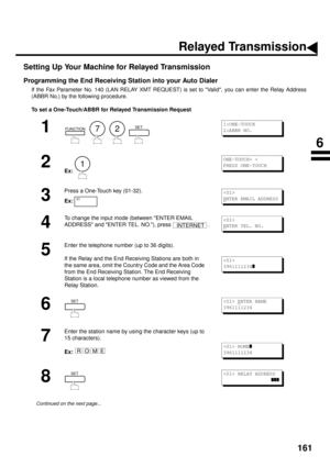 Page 163161
Setting Up Your Machine for Relayed Transmission
Programming the End Receiving Station into your Auto Dialer
If the Fax Parameter No. 140 (LAN RELAY XMT REQUEST) is set to Valid, you can enter the Relay Address
(ABBR No.) by the following procedure.
To set a One-Touch/ABBR for Relayed Transmission Request
1
        
2Ex:
3
Press a One-Touch key (01-32).
Ex:
4
To change the input mode (between ENTER EMAIL 
ADDRESS and ENTER TEL. NO.), press  .
5
Enter the telephone number (up to 36 digits).
If the...