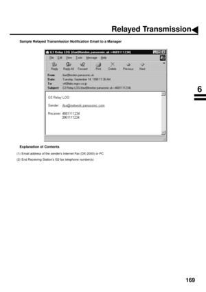 Page 171169
Sample Relayed Transmission Notification Email to a Manager
Explanation of Contents
(1) Email address of the sender’s Internet Fax (DX-2000) or PC
(2) End Receiving Station’s G3 fax telephone number(s)
Relayed Transmission
6 