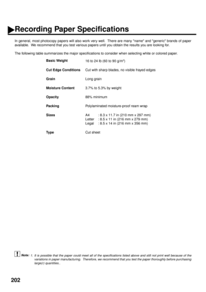 Page 204202
Recording Paper Specifications
In general, most photocopy papers will also work very well.  There are many name and generic brands of paper
available.  We recommend that you test various papers until you obtain the results you are looking for.
The following table summarizes the major specifications to consider when selecting white or colored paper.
 (see Note 1)Basic Weight
16 to 24 lb (60 to 90 g/m
2)
Cut Edge Conditions
Cut with sharp blades, no visible frayed edges
Grain
Long grain
Moisture...
