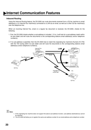 Page 2220
Inbound Routing
Using the Inbound Routing feature, the DX-2000 can route documents received from a G3 fax machine to email
address(s) or to Internet Fax machine(s) connected to a LAN as an email, as well as to other G3 fax machine(s)
over the telephone line.
When an incoming Internet Fax, email or a regular fax document is received, the DX-2000, checks for the
following:
1. First, the DX-2000 checks whether a sub-address is included.  If it is, it will look for a sub-address match within
its auto...
