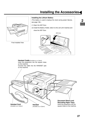Page 2927
Installing the Accessories
Final Installed View
Handset Cradle [Available as an Option]
Hook the projections into the square holes
on the machine.
Connect the cable into the HANDSET jack
on the machine.
Handset
[Available as an Option]
Handset Cord
[Available as an Option]
Document Return and 
Recording Paper Trays
Hook the projections into the 
square holes on the machine.
2
ADF Door
Installing the Lithium Battery
(This battery is used to backup the clock during power failures,
see page 196.)
(1)...