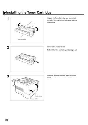 Page 3028
Installing the Toner Cartridge
1Unpack the Toner Car tridge and rock it back 
and for th as shown for 5 or 6 times to even the 
toner inside.
2Remove the protective seal.
Note
: Pull on the seal slowly and straight out.
3Push the Release Button to open the Printer 
Cover.
Toner Cartridge
Printer Cover
Release Button 