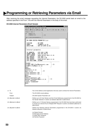 Page 5250
After receiving the email message requesting the Internet Parameters, the DX-2000 sends back an email to the
address specified in theFrom: line with the Internet Parameters in the body of the email.
DX-2000 Internet Parameters Email Sample
(1) To : Your email address (email application) that was used to retrieve the Internet Parameters.
From : The DX-2000’s email address.
Subject : DX-2000 System Parameter List
(2) @sender to @end : Defines up to 24 User Names and their Email Addresses programmed in...