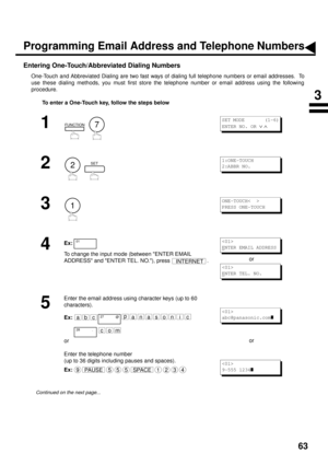 Page 6563
PROGRAMMING YOUR MACHINE
Programming Email Address and Telephone Numbers
Entering One-Touch/Abbreviated Dialing Numbers
One-Touch and Abbreviated Dialing are two fast ways of dialing full telephone numbers or email addresses.  To
use these dialing methods, you must first store the telephone number or email address using the following
procedure.
To enter a One-Touch key, follow the steps below
1
  
2
  
3
4
Ex:
To change the input mode (between ENTER EMAIL 
ADDRESS and ENTER TEL. NO.), press  .or
5...