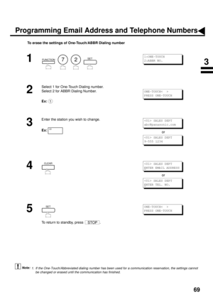 Page 7169
To erase the settings of One-Touch/ABBR Dialing number
 (see Note 1)
1
        
2
Select 1 for One-Touch Dialing number.
Select 2 for ABBR Dialing Number.
Ex:
3
Enter the station you wish to change.
Ex:
or
4
or
5
To return to standby, press  .
1. If the One-Touch/Abbreviated dialing number has been used for a communication reservation, the settings cannot
be changed or erased until the communication has finished.
FUNCTION72SET1:ONE-TOUCH
2:ABBR NO.
1
ONE-TOUCH<  >
PRESS ONE-TOUCH
01
 SALES DEPT...