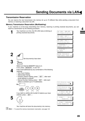 Page 9189
Transmission Reservation
You can reserve the next transmission into memory for up to 70 different files while sending a document from
memory or receiving a document via LAN.
Memory Transmission Reservation (Multitasking)
If your machine is on-line busy transmitting from memory, receiving or printing received documents, you can
reserve a transmission by the following procedure. (see Note 1)
1
Your machine is on-line, the ON LINE lamp is blinking or 
printing received documents.
2
 Set document(s) face...