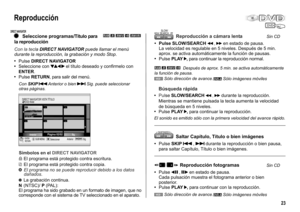 Page 23DIRECT NAVIGATOR
DVD
SLOW/
SEARCHFF FF REW
VCDDVD-A
SKIP/INDEX
RAM-R()-RW V+R()-RW VR
DIRECT NAVIGATOR VISTA TÍTULODVD RAM
AnteriorSig.Página 02/02
12/ 9 Jue
07
RETURNENTERSeleccionarSSUB MENUAnterior Sig.
VCDDVD-A
23
Reproducción
e SLOW/SEARCH  ,en estado de pausa.
La velocidad es regulable en 5 niveles. Después de 5 min.
aprox. se activa automáticamente la función de pausas.
PulsePLAY , para continuar la reproducción normal.
Reproducción a cámara lenta
Puls
seSLOW/SEARCH ,durante la reproducción....