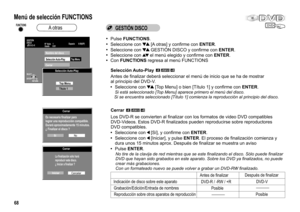 Page 68Cerrar
Es necesario finalizar para
lograr una reproducción compatible.
Durará aproximadamente 15 minutos.
¿ Finalizar el disco ?
Cerrar
La finalización sólo hará
reproducir este disco.
¿ Iniciar a finalizar ?
GESTIÓN
DISCO
DVD-REspacio 0:59(XP)
To p M e n u
Nombre del disco
N° título 1
Usado 0:01
Selección Auto-Play
Selección Auto-Play
Top Menu
Título 1
Sí
No
IniciarCancelar
Cerrar
RETURN
SELECT
ENTER
DVD
68
Selección Auto-Play
 [Top Menu] o bien [Título 1] y confirme con ENTER.
Si está seleccionado [Top...