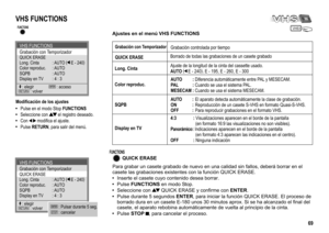 Page 69VHS FUNCTIONS
Grabación con Temporizador
QUICK ERASE
Long. Cinta : AUTO
Color reproduc. : AUTO
SQPB : AUTO
Display en TV : 4 : 3()
E - 240
 : elegir : acceso
 : volverENTERRETURN
VHS FUNCTIONS
Grabación con Temporizador
QUICK ERASE
Long. Cinta : AUTO
Color reproduc. : AUTO
SQPB : AUTO
Display en TV : 4 : 3()
E - 240
 : elegir :
 : volverENTERRETURN: Pulsar durante 5 seg.
 : cancelarENTER
STOP
VHS
69
Modificación de los ajustes
Pulse en el modo Stop FUNCTIONSSeleccione con el registro deseado.Con...