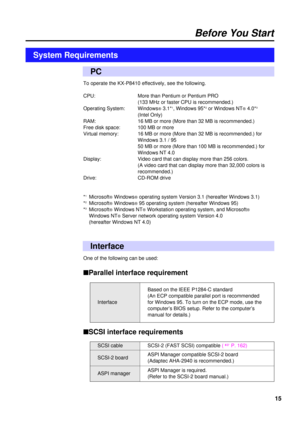 Page 15One of the following can be used:
nParallel interface requirement
nSCSI interface requirements
SCSI cable
15
SCSI-2 (FAST SCSI) compatible ( +
P. 162)
Interface
ASPI managerASPI Manager is required. 
(Refer to the SCSI-2 board manual.)
Before You Start
System Requirements
PC
Interface
To operate the KX-P8410 effectively, see the following.
CPU: More than Pentium or Pentium PRO
(133 MHz or faster CPU is recommended.)
Operating System: Windows
Ò3.1*1, Windows 95*2or Windows NTÒ4.0*3
(Intel Only)
RAM: 16 MB...