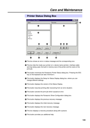 Page 143143
Care and Maintenance
Printer Status Dialog Box
#This box shows an error or status message and the corresponding icon.
$This box lists the mode your printer is in, device name (printer), interface cable
and tray being used, the built-in memory size of the printer and the name of the
print job.
%This button minimizes the Panasonic Printer Status dialog box. Pressing the ESC
key on the keyboard can also minimize it.
&This button displays the Setup for Status Display dialog box, where you can
change...