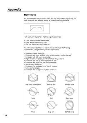 Page 158158
Appendix
nEnvelopes
It is recommended that you print in black text only and purchase high quality #10
laser envelopes with diagonal seams, as shown in the diagram below:
High quality envelopes have the following characteristics:
BA thin, sharply creased leading edge
BPaper weight of 90 g/m
2(24 lbs.)
BFlat, free of curls, wrinkles, nicks, etc.
It is not recommended that you use envelopes with any of the following
characteristics (using these may result in paper jams):
BIrregularly shaped envelopes...