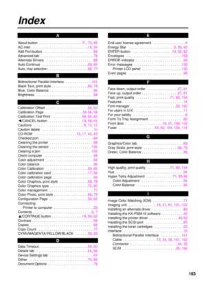 Page 163163
About button  . . . . . . . . . . . . . . . . . . . . . . .71, 73, 95
AC inlet . . . . . . . . . . . . . . . . . . . . . . . . . . . . . .18, 34
Add Port button  . . . . . . . . . . . . . . . . . . . . . . . . . .84
Advanced tab  . . . . . . . . . . . . . . . . . . . . . . . . . . . .78
Alternate Drivers  . . . . . . . . . . . . . . . . . . . . . . . . .88
Auto Continue  . . . . . . . . . . . . . . . . . . . . . . . .59, 60
Auto, tray selection . . . . . . . . . . . . . . . . . . . . .68, 77...