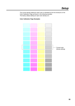 Page 5555
Setup
Color Calibration Page (Example): The current density setting for each color is indicated by the line enclosure on the
Color Calibration Page as shown in the following example.
The factory default setting for each color density is 0.
Current color
density settings 