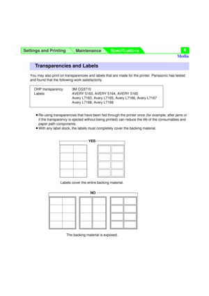 Page 8Settings and Printing
MaintenanceSpecifications8
You may also print on transparencies and labels that are made for the printer. Panasonic has tested
and found that the following work satisfactorily.
BRe-using transparencies that have been fed through the printer once (for example, after jams or
if the transparency is ejected without being printed) can reduce the life of the consumables and
paper path components.
BWith any label stock, the labels must completely cover the backing material.
Labels cover...