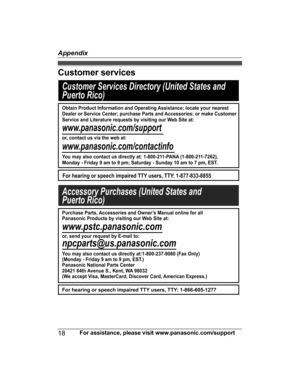 Page 18Customer services
18For assistance, please visit www.panasonic.com/support
AppendixCustomer Services Directory (United States and 
Puerto Rico)
www.panasonic.com/support
or, contact us via the web at: 
www.panasonic.com/contactinfo
For hearing or speech impaired TTY users, TTY: 1-877-833-8855
For hearing or speech impaired TTY users, TTY: 1-866-605-1277
www.pstc.panasonic.com
or, send your request by E-mail to:
npcparts@us.panasonic.com
Accessory Purchases (United States and 
Puerto Rico)
Obtain Product...