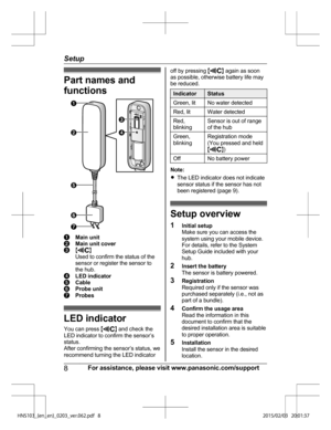 Page 8Part names and
fun
ctions Main unit
Main unit cover
M N
Us e

d to confirm the status of the
sensor or register the sensor to
the hub. LED indicator
Cable
Probe unit
Probes
LED indicator
Yo
u

 can press  M N
 and check the
L E

D indicator to confirm the sensor’s
status.
After confirming the sensor’s status, we
recommend turning the LED indicator off by pressing 
M N
 again as soon
a s

 possible, otherwise battery life may
be reduced. Indicator Status
Green, lit No water detected
Red, lit Water...