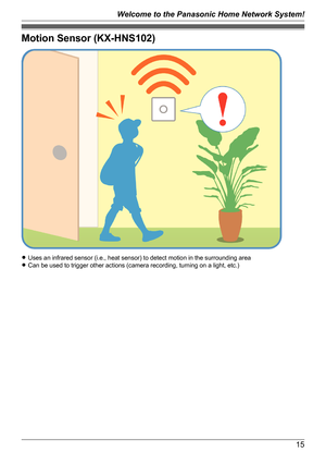 Page 15Motion Sensor (KX-HNS102)
RUses an infrared sensor (i.e., heat sensor) to detect motion in the surrounding area
R Can be used to trigger other actions (camera recording, turning on a light, etc.)
15
Welcome to the Panasonic Home Network System!   