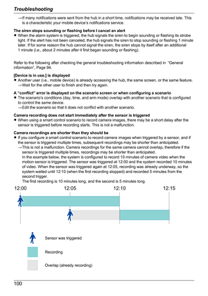 Page 100→ If many notifications were sent from the hub in a short time, notifications may be received late. Thisis a characteristic your mobile device’s notifications service.
The siren stops sounding or flashing before I cancel an alert
R When the alarm system is triggered, the hub signals the siren to begin sounding or flashing its strobe
light. If the alert has not been canceled, the hub signals the siren to stop sounding or flashing 1 minute
later. If for some reason the hub cannot signal the siren, the...