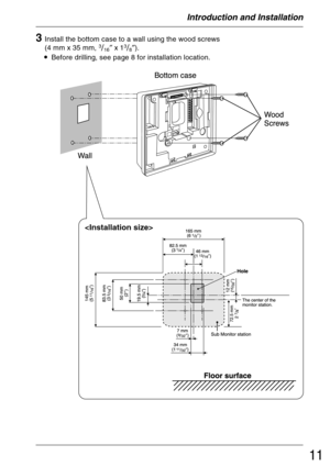 Page 1111
3Install the bottom case to a wall using the wood screws
(4 mm x 35 mm, 3/16″ x 13/8″).
•Before drilling, see page 8 for installation location.

Introduction and Installation 