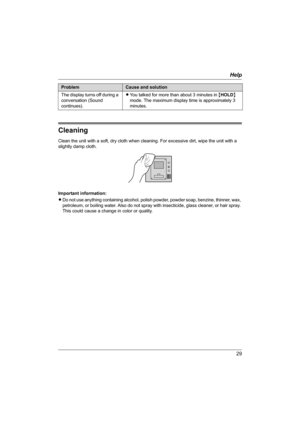 Page 2929
Help
Cleaning
Clean the unit with a soft, dry cloth when cleaning. For excessive dirt, wipe the unit with a 
slightly damp cloth.
Important information:
LDo not use anything containing alcohol, polish powder, powder soap, benzine, thinner, wax, 
petroleum, or boiling water. Also do not spray with insecticide, glass cleaner, or hair spray. 
This could cause a change in color or quality. The display turns off during a 
conversation (Sound 
continues).LYou talked for more than about 3 minutes in {HOLD}...