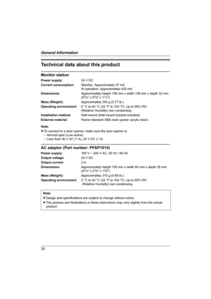 Page 3030
General Information
Technical data about this product
Monitor station
Power supply:24 V DC
Current consumption:Standby: Approximately 37 mA
At operation: Approximately 420 mA
Dimensions:Approximately height 136 mm x width 136 mm x depth 32 mm 
(5
3/8 x 53/8 x 11/4)
Mass (Weight):Approximately 350 g (0.77 lb.)
Operating environment:0 °C to 40 °C (32 °F to 104 °F), Up to 90% RH 
(Relative Humidity) non condensing
Installation method:Wall mount (Wall mount bracket included)
External material:Flame...