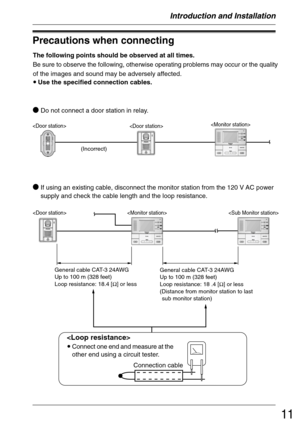 Page 1111
The following points should be observed at all times.
Be sure to observe the following, otherwise operating problems may occur or the quality
of the images and sound may be adversely affected.
•Use the specified connection cables.
Precautions when connecting
Introduction and Installation
Do not connect a door station in relay.

 
If using an existing cable, disconnect the monitor station from the 120 V AC power
supply and check the cable length and the loop resistance.
General cable CAT-3 24AWG
Up...