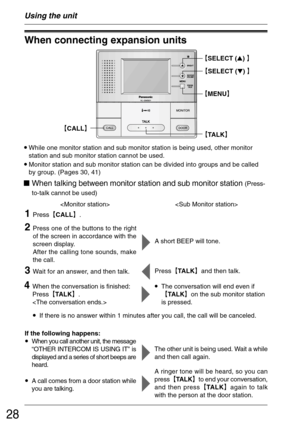 Page 2828
When talking between monitor station and sub monitor station (Press-
to-talk cannot be used)
  •While one monitor station and sub monitor station is being used, other monitor
station and sub monitor station cannot be used.
•Monitor station and sub monitor station can be divided into groups and be called
by group. (Pages 30, 41)
When connecting expansion units
•If there is no answer within 1 minutes after you call, the call will be canceled.
If the following happens:
•When you call another unit, the...