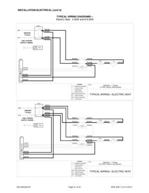 Page 21035-000039-001 Page 21 of 32 MVA IOM 1.3 9-10-2014
INSTALLATION-ELECTRICAL (cont’d)
TYPICAL WIRING—ELECTRIC HEAT
TYPICAL WIRING DIAGRAMS—
Electric Heat: 3-6kW and 8-9.5kW
TYPICAL WIRING—ELECTRIC HEAT
3 