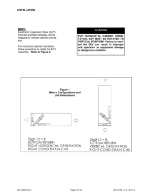 Page 9035-000039-001 Page 9 of 32 MVA IOM 1.3 9-10-2014
INSTALLATION
Figure 1
Return Configurations and
Unit Orientations
NOTE:
Electronic Expansion Valve (EEV)
must be oriented vertically, and is
shipped for vertical cabinet orienta-
tion.
For horizontal cabinet orientation,
follow procedure to rotate the EEV
assembly.Refer to Figure 2.
WARNING
FOR HORIZONTAL CABINET ORIEN-
TATION, EEV MUST BE ROTATED TO
VERTICAL POSITION! Failure to reori-
ent the EEV can result in improper
unit operation or equipment...