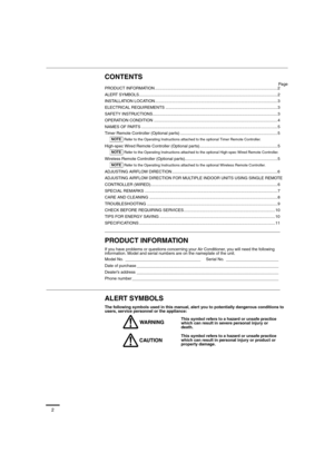 Page 22
CONTENTS
Page
PRODUCT INFORMATION ........................................................................................................... 2
ALERT SYMBOLS......................................................................................................................... 2
INSTALLATION LOCATION ...........................................................................................................3
ELECTRICAL REQUIREMENTS...