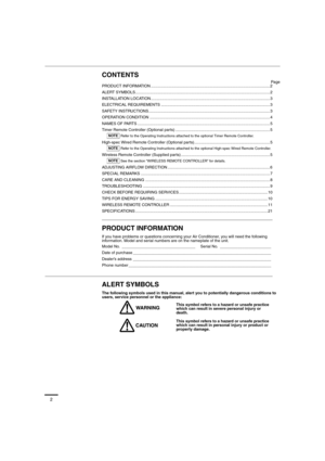 Page 22
CONTENTS
Page
PRODUCT INFORMATION ........................................................................................................... 2
ALERT SYMBOLS......................................................................................................................... 2
INSTALLATION LOCATION ...........................................................................................................3
ELECTRICAL REQUIREMENTS...