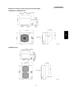 Page 771-71
1. Specifications
Dimensions of outdoor unit with snow-proof vents ( eld supply)
U-26PE(S)1U6 / U-36PE(S)1U6 unit
U-42PE(S)1U6 unit
11-57/64
16-47/6415-15/16 14-61/64 25/64 19/3225/32
30-5/64
25-25/64
7-3/64
3/4 30-45/64
37-1/64 Wind direction
Wind direction Wind direction
Wind direction
Wind direction
Wind direction
Unit: inch
11-57/64
28-13/16
Wind direction
Wind direction
Wind direction
Wind direction
Wind direction Wind direction
48-27/64
47-19/32
37-1/64
24-7/8
15-15/1614-61/64 25/64 19/3225/32...