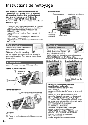 Page 2424
Instructions de nettoyage
Aﬁ n d’assurer un rendement optimal de 
l’appareil, il convient de nettoyer l’appareil 
à intervalles réguliers. Une unité qui serait 
sale peut provoquer des problèmes de 
fonctionnement et l’afﬁ chage du code 
d’erreur « H99 ». Dans un tel cas, consulter un 
détaillant agréé.
• 
Couper le courant au disjoncteur avant de nettoyer.• Ne pas toucher l’ailette tranchante en aluminium; 
les pièces tranchantes peuvent causer des 
blessures graves.
• Ne pas utiliser de benzène,...