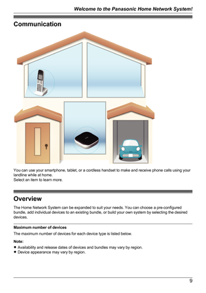 Page 9Communication
You can use your smartphone, tablet, or a cordless handset to make and receive phone calls using your
landline while at home.
Select an item to learn more.
Overview
The Home Network System can be expanded to suit your needs. You can choose a pre-configured
bundle, add individual devices to an existing bundle, or build your own system by selecting the desired
devices.
Maximum number of devices
The maximum number of devices for each device type is listed below.
Note:
R Availability and...