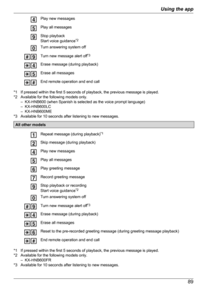 Page 89Play new messagesPlay all messagesStop playback
Start voice guidance *2Turn answering system offTurn new message alert off *3Erase message (during playback)Erase all messagesEnd remote operation and end call
*1 If pressed within the first 5 seconds of playback, the previous message is played.
*2 Available for the following models only. – KX-HNB600 (when Spanish is selected as the voice prompt language)
– KX-HNB600LC
– KX-HNB600ME
*3 Available for 10 seconds after listening to new messages.
All other...