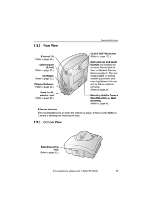 Page 15Operating Instructions
[For assistance, please call: 1-800-272-7033]                                  15
1.3.2 Rear View
Ethernet Indicator
Ethernet Indicator turns on when the network is active. It flickers when Network 
Camera is sending and receiving the data.
1.3.3 Bottom View
External I/O
(Refer to page 94.)
Ethernet port
(RJ-45)
(Refer to page 20.)
DC IN jack
(Refer to page 20.)
Ethernet Indicator
(Refer to page 20.)
Hook for AC
adaptor cord
(Refer to page 20.)CLEAR SETTING button
(Refer to page...