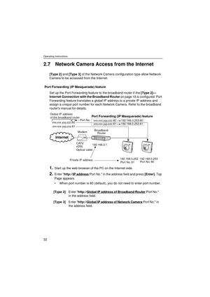 Page 32Operating Instructions
32
2.7 Network Camera Access from the Internet
[Type 2] and [Type 3] of the Network Camera configuration type allow Network 
Camera to be accessed from the Internet.
Port Forwarding (IP Masquerade) feature
Set up the Port Forwarding feature to the broadband router if the [Type 2]—
Internet Connection with the Broadband Router on page 18 is configured. Port 
Forwarding feature translates a global IP address to a private IP address and 
assign a unique port number for each Network...