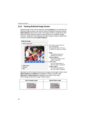 Page 46Operating Instructions
46
3.3.4 Viewing Buffered Image Screen
Buffered Image screen can be viewed by clicking [Viewer] on the operation bar. 
Buffered Image is saved in the internal memory of Network Camera by clicking 
[Start Capture]. Alarm/Timer mode in the Image Transfer on page 66 can also 
buffer the image. Buffered Image is erased by power off, restarting, Update 
Firmware, resetting to Factory Default and when Image Transfer or Name/Time 
window is saved and clicking [Start Capture].
Operation...