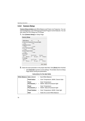 Page 78Operating Instructions
78
3.5.8 Camera Setup
Camera Setup window sets White Balance and Power Line Frequency. You can 
lock the Brightness, Pan/Tilt/Preset and Preset Program Control features. You can 
also select the Pan Range and Tilt Range.
1.Click [Camera Setup] on Setup Page.
2.Select the each parameter in the proper data field. Click [Save] when finished.
•Click [Cancel] to quit the current settings. The window returns to Setup 
Page without saving the parameters.
Instructions for the data fields...