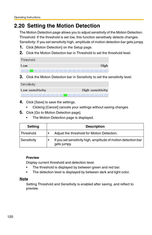 Page 120Operating Instructions
120
2.20 Setting the Motion Detection
The Motion Detection page allows you to adjust sensitivity of the Motion Detection. 
Threshold: If the threshold is set low, this function sensitively detects changes.
Sensitivity: If you set sensitivity high, amplitude of motion detection bar gets jumpy.
1.Click [Motion Detection] on the Setup page.
2.Click the Motion Detection bar in Threshold to set the threshold level.
3.Click the Motion Detection bar in Sensitivity to set the sensitivity...