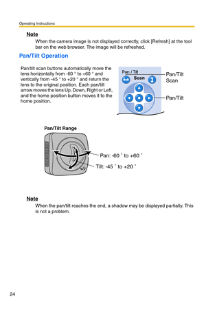 Page 24Operating Instructions
24
Note
When the camera image is not displayed correctly, click [Refresh] at the tool 
bar on the web browser. The image will be refreshed.
Pan/Tilt Operation
Pan/Tilt Range
Note
When the pan/tilt reaches the end, a shadow may be displayed partially. This 
is not a problem.
Pan/tilt scan buttons automatically move the 
lens horizontally from -60 ° to +60 ° and 
vertically from -45 ° to +20 ° and return the 
lens to the original position. Each pan/tilt 
arrow moves the lens Up,...