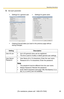 Page 85Operating Instructions
[For assistance, please call: 1-800-272-7033] 85
3.Set each parameter.
 Settings for a general user Settings for guest users
 Clicking [Cancel] takes you back to the previous page without 
saving changes.
SettingDescription
User ID List Up to 50 general users can be registered.
 The list is used to modify or delete general user settings.
User Name/
Password User Name (6 to 15 characters): Enter the user name.
 Password (6 to 15 characters): Enter the password.
Note
The...