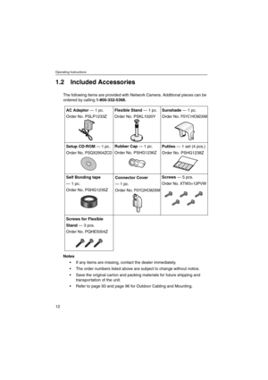 Page 12Operating Instructions
12
1.2 Included Accessories
The following items are provided with Network Camera. Additional pieces can be
ordered by calling1-800-332-5368.
Notes
 If any items are missing, contact the dealer immediately.
 The order numbers listed above are subject to change without notice.
 Save the original carton and packing materials for future shipping and
transportation of the unit.
 Refer to page 93 and page 96 for Outdoor Cabling and Mounting.
AC Adaptor— 1 pc.
Order No....