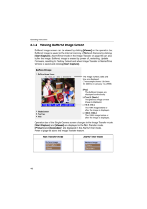 Page 46Operating Instructions
46
3.3.4 ViewingBuffered Image Screen
Buffered Image screen can be viewed by clicking[Viewer]on the operation bar.
Buffered Image is saved in the internal memory of Network Camera by clicking
[Start Capture]. Alarm/Timer mode in the Image Transfer on page 66 can also
buffer the image. Buffered Image is erased by power off, restarting, Update
Firmware, resetting to Factory Default and when Image Transfer or Name/Time
window is saved and clicking[Start Capture].
Operation bar of the...