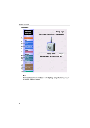 Page 54Operating Instructions
54
Setup Page
Note
Firmware Version number indicated on Setup Page is important for your future
supportofNetworkCamera.
(1)
(2)
(3)
(4)
(5)
(6)
(7)
(8)
(9)
(10)
(11)
(12)
(13)(14)
(15)
(16)
Version
number 