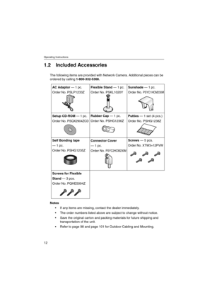Page 12Operating Instructions
12
1.2 Included Accessories
The following items are provided with Network Camera. Additional pieces can be
ordered by calling1-800-332-5368.
Notes
 If any items are missing, contact the dealer immediately.
 The order numbers listed above are subject to change without notice.
 Save the original carton and packing materials for future shipping and
transportation of the unit.
 Refer to page 98 and page 101 for Outdoor Cabling and Mounting.
AC Adaptor— 1 pc.
Order No....