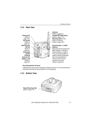 Page 15Operating Instructions
[For assistance, please call: 1-800-272-7033] 15
1.3.2 Rear View
Grounding (Earth) Terminal
Lightning may cause serious damage to Network Camera. It is recommended to
connect the Ground for the protection from the lightning.
1.3.3Bottom View
External I/O
(Refer to
page 106.)
DC INjack
(Refer to
page 20.)
Ethernet port
(RJ-45)
(Refer to
page 20.)
Grounding
(Earth)
Te r m i n a l
Hook for AC
adaptor cord
(Refer to
page 99.)Antenna
(Refer to page 97.)
CLEAR SETTING button
(Refer to...