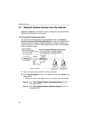 Page 32Operating Instructions
32
2.7 Network Camera Access from the Internet
[Type 2] and [Type 3] of the Network Camera configuration type allow Network 
Camera to be accessed from the Internet.
Port Forwarding (IP Masquerade) feature
Set up the Port Forwarding feature to the broadband router if the [Type 2]—
Internet Connection with the Broadband Router on page 18 is configured. Port 
Forwarding feature translates a global IP address to a private IP address and 
assign a unique port number for each Network...